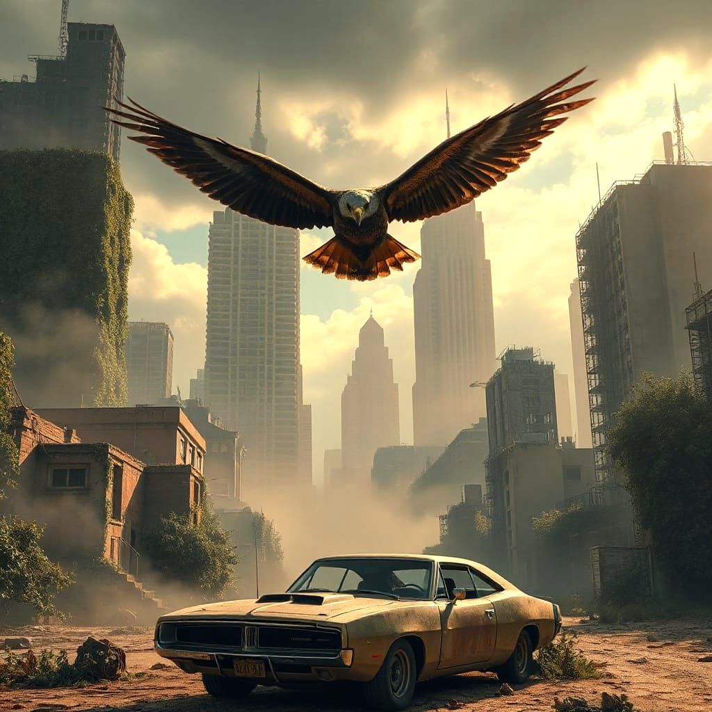 Majestic Eagle Overgrown Cityscape in Digital Painting Style