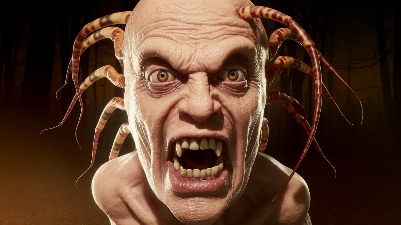 Monstrous Centipede Humanoid Looms in Dark Forest