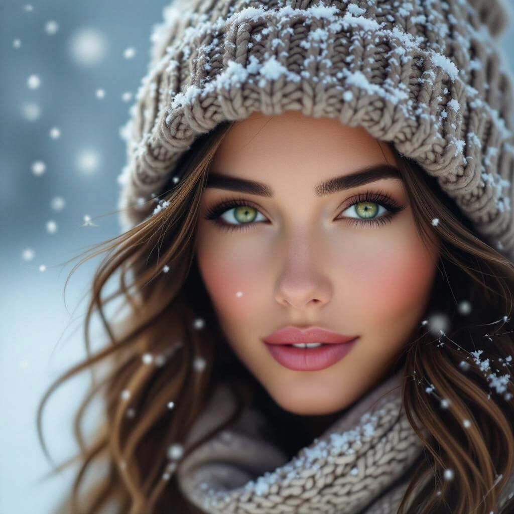 Beautiful Woman in Winter Hat with Green Eyes
