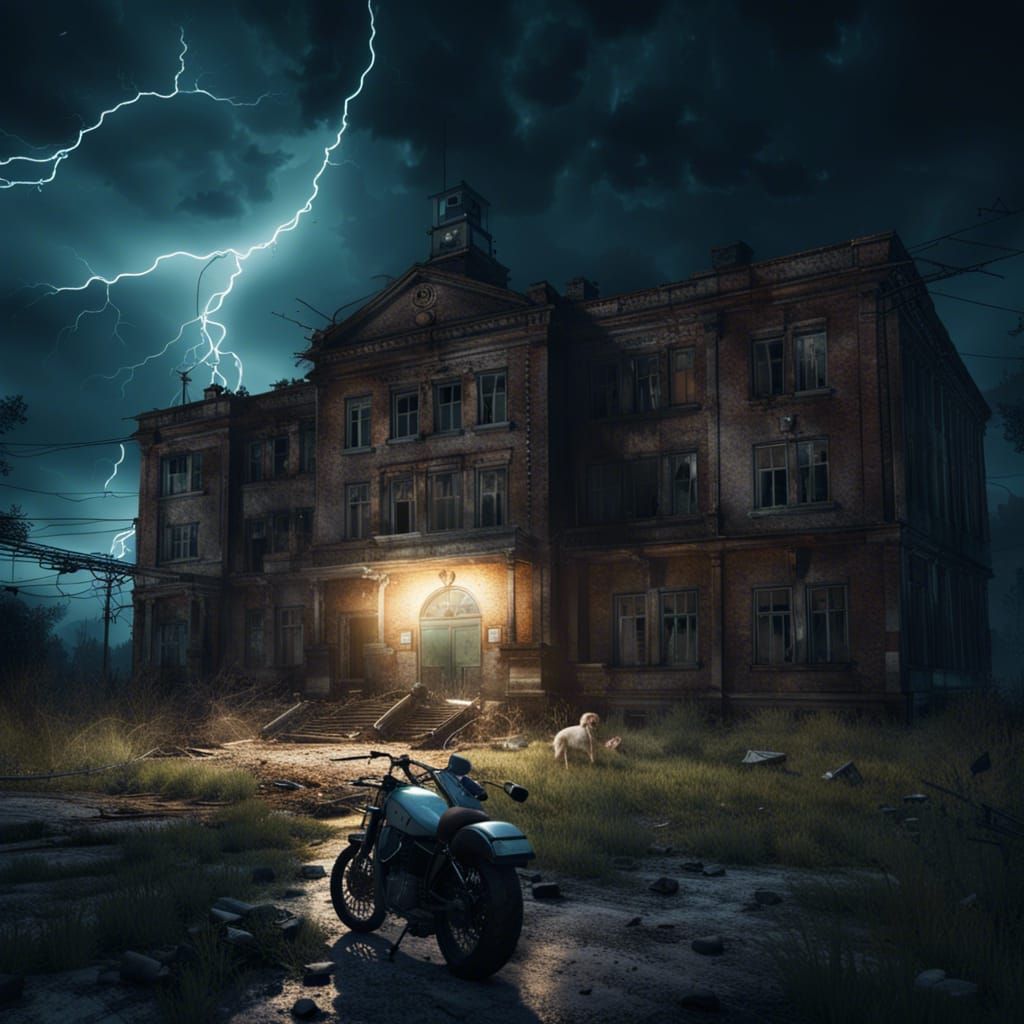 Abandoned Hospital at Night in a Thunderstorm