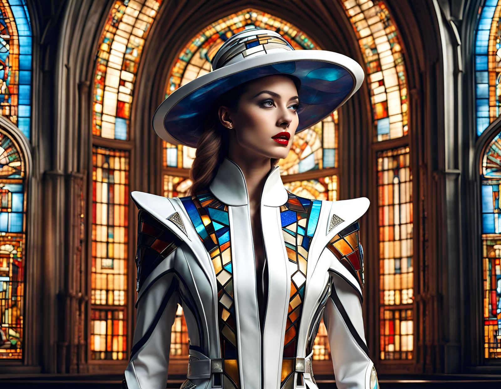 A beautiful woman dressed in a futuristic fashionable 
 suit and wearing a hat.