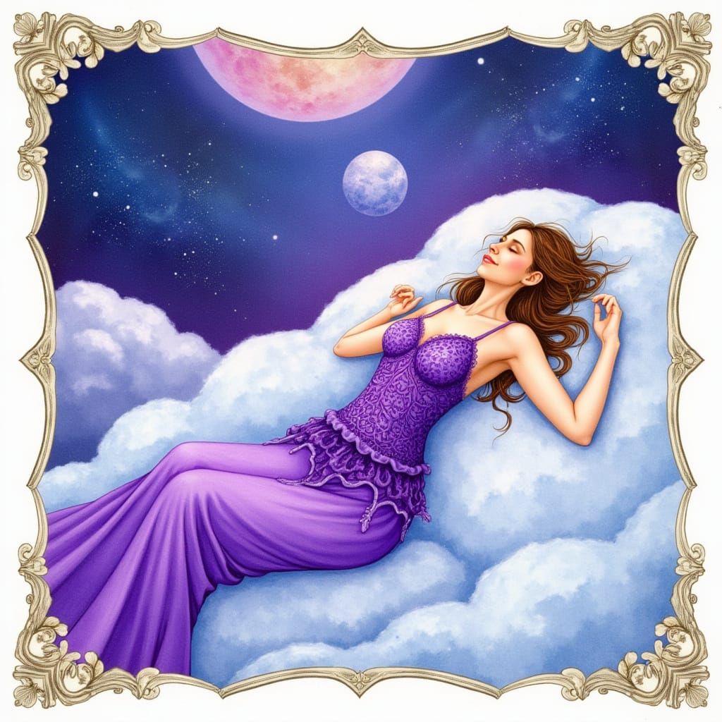 Dreamy Watercolor Portrait of a Lady in a Lavish Cloudscape