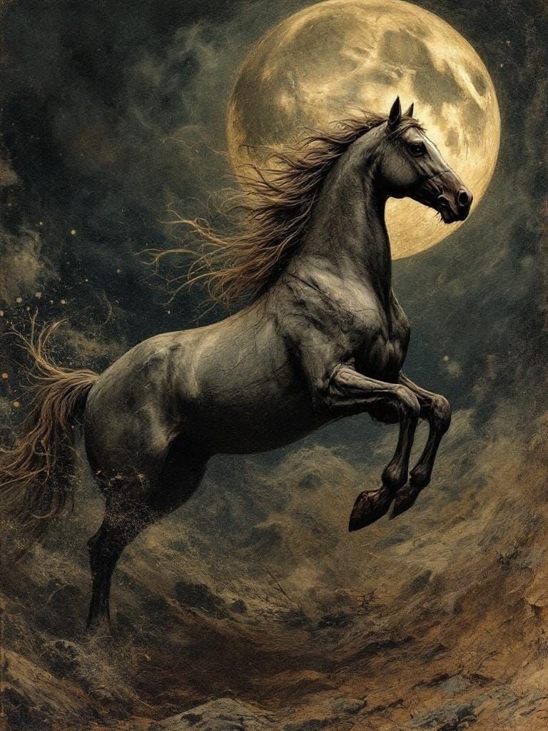 Mystical Gothic Horse in Dreamlike Assemblage