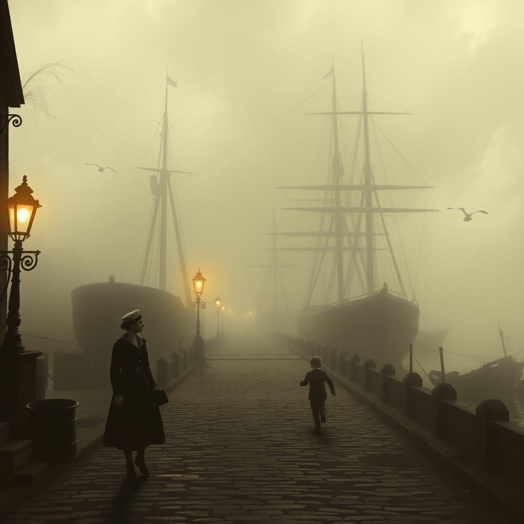 Ghostly 19th Century Harbor in Sepia Tones