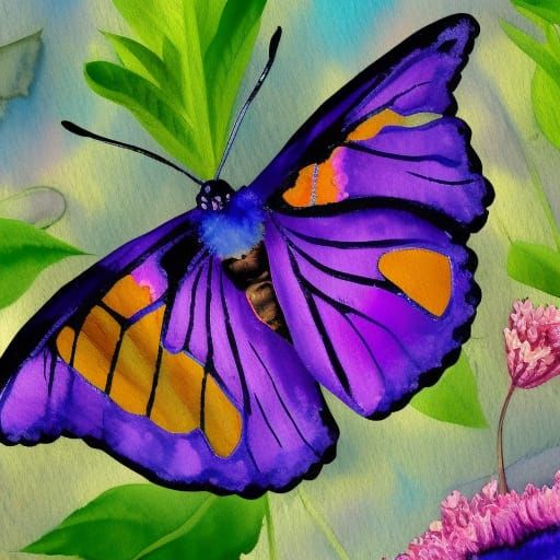 Purple Butterfly in Gouache Watercolor Style