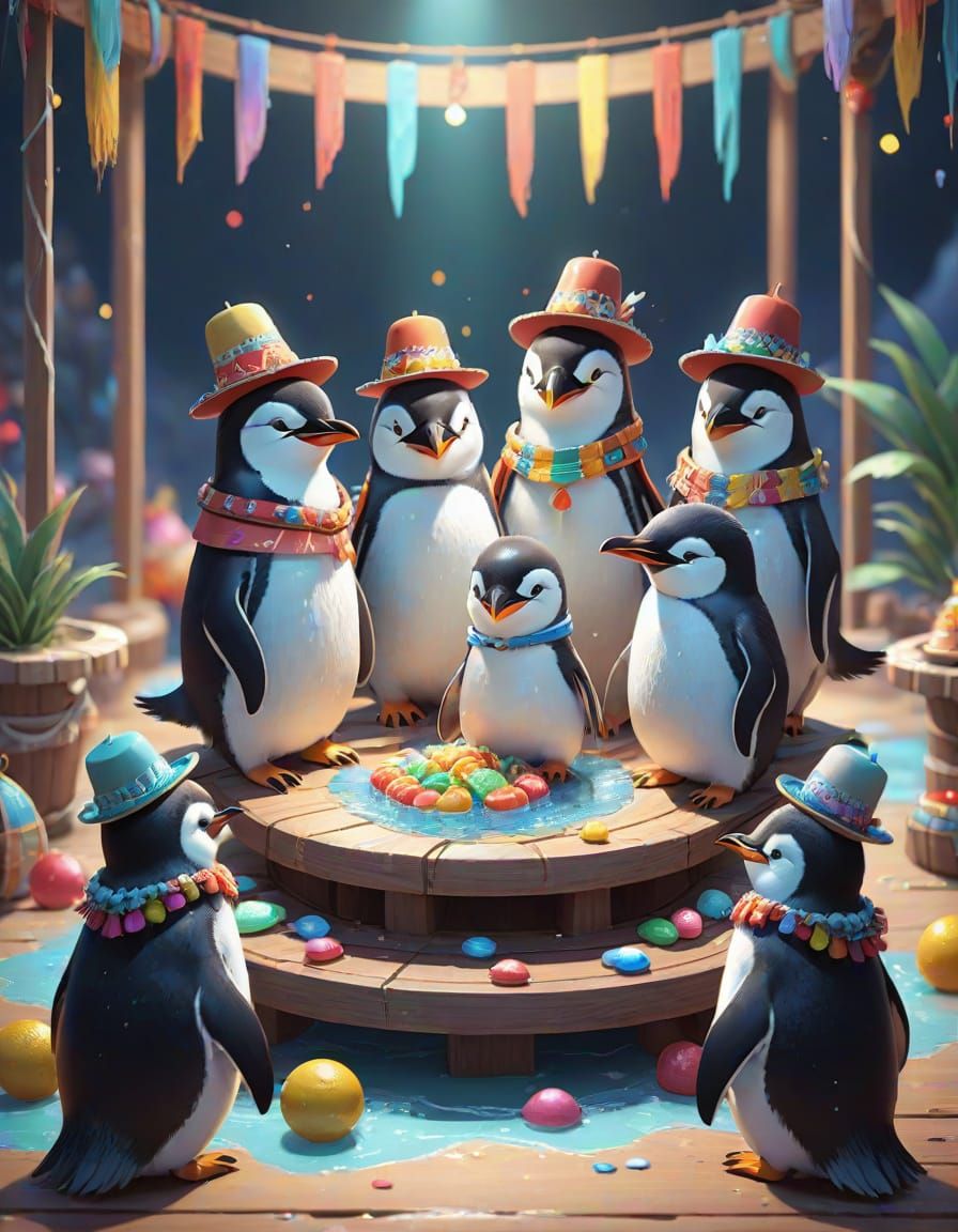 Penguin Fiesta with Sombreros in Watercolor Splash Art