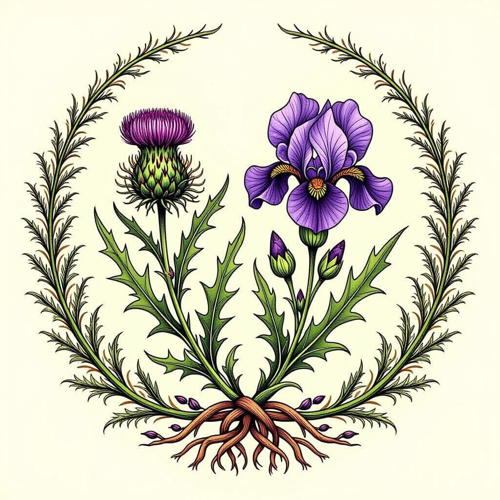Scottish Thistle and Iris Botanical Art