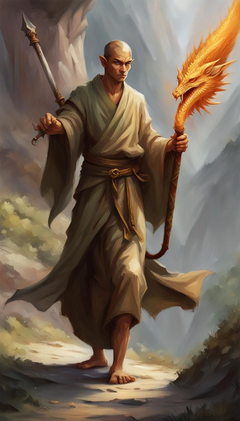 A d&d character, male monk, wood elf with dragon's breath school.