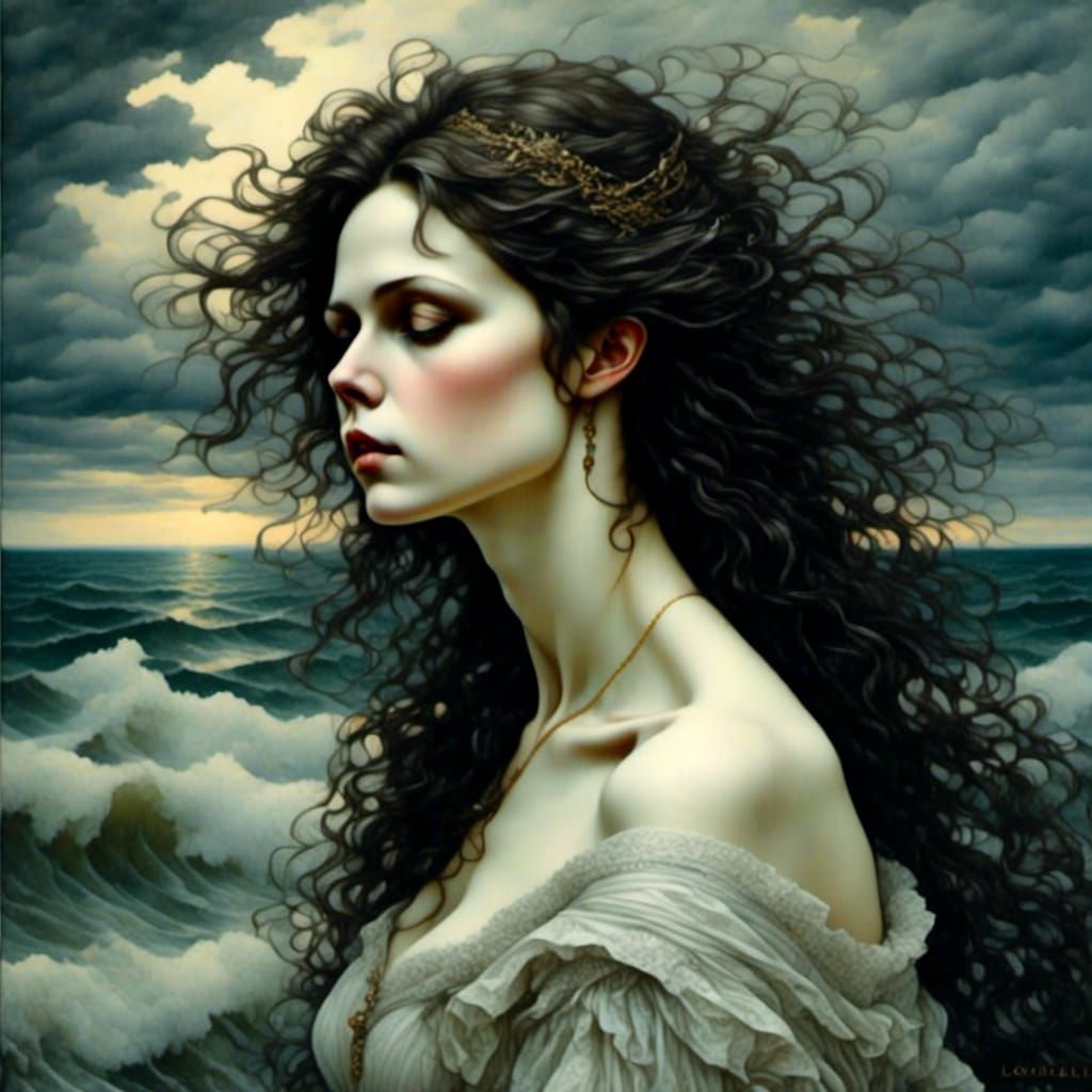 Woman Gazing at Stormy Sea with Lightning