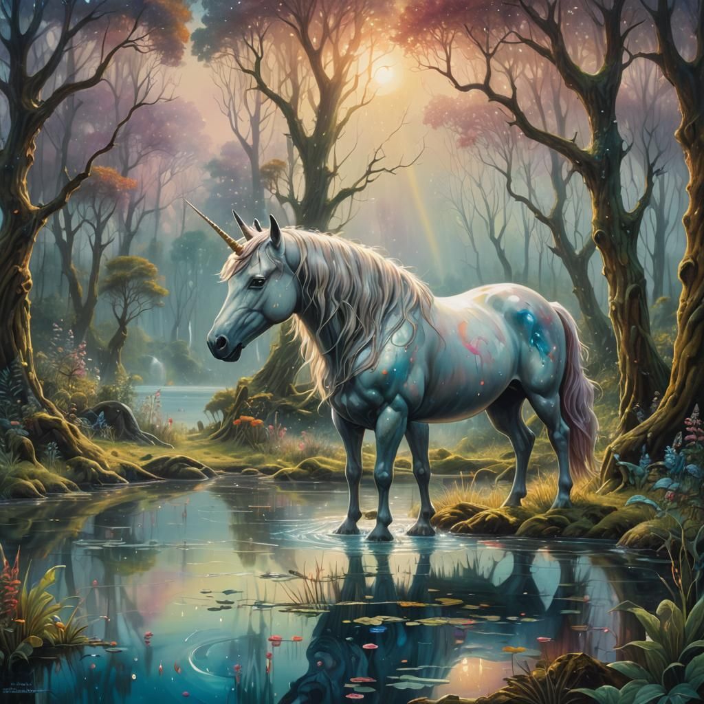 Unicorn in Surreal Forest: Oil Painting Landscape