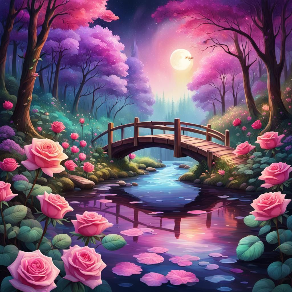 Surreal Forest Bridge in Vibrant Astral Style