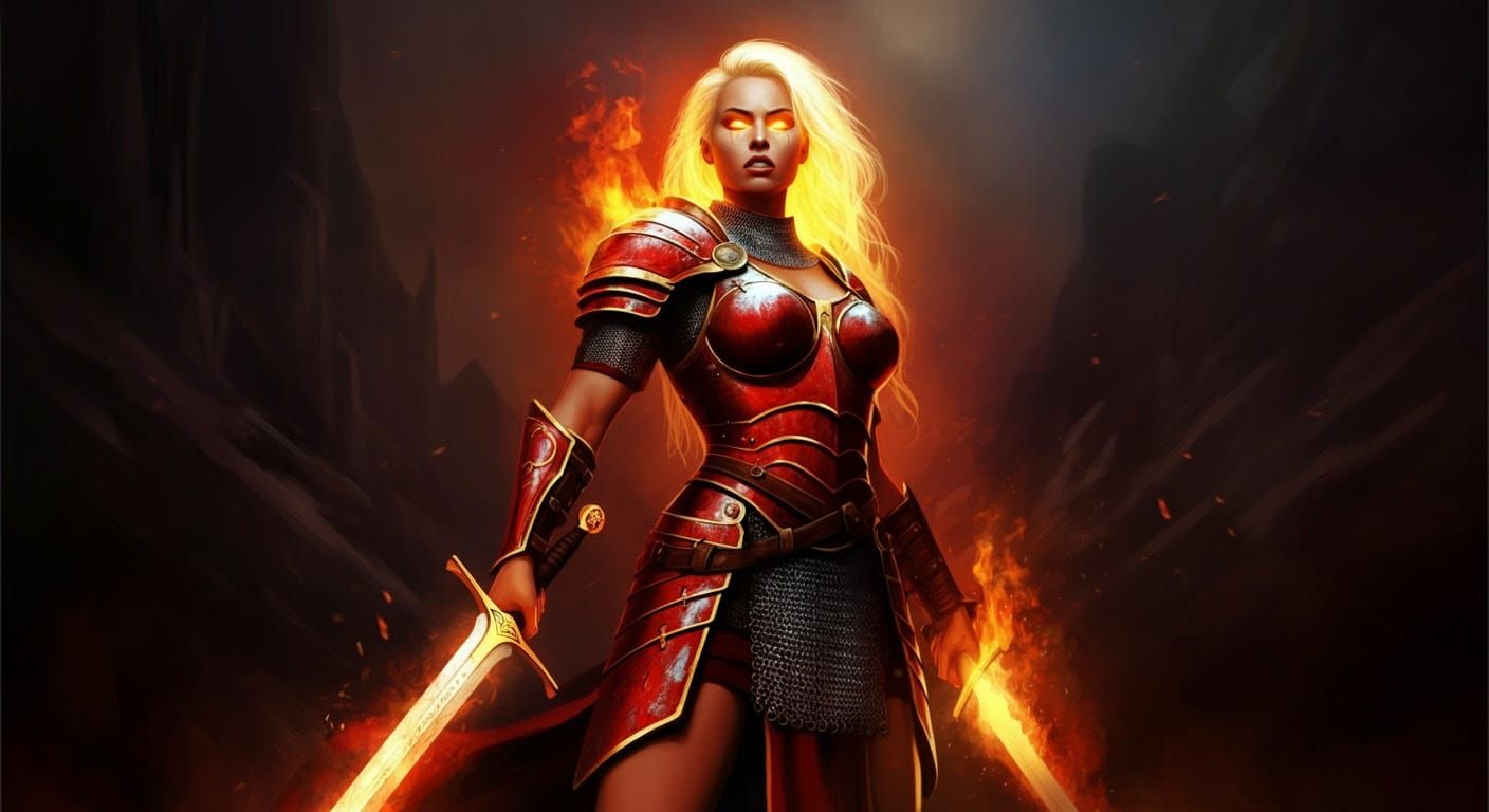 Sword Maiden Unleashes Elemental Fury in Crimson Plate Armor