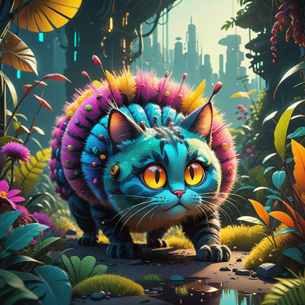 Hyperrealistic Fuzzy Cat-Caterpillar Hybrid in Vibrant Botan...