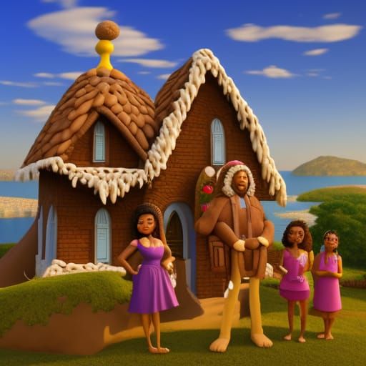Jesus, Gaia, and Gingerbread Castle: 3D Digital Art