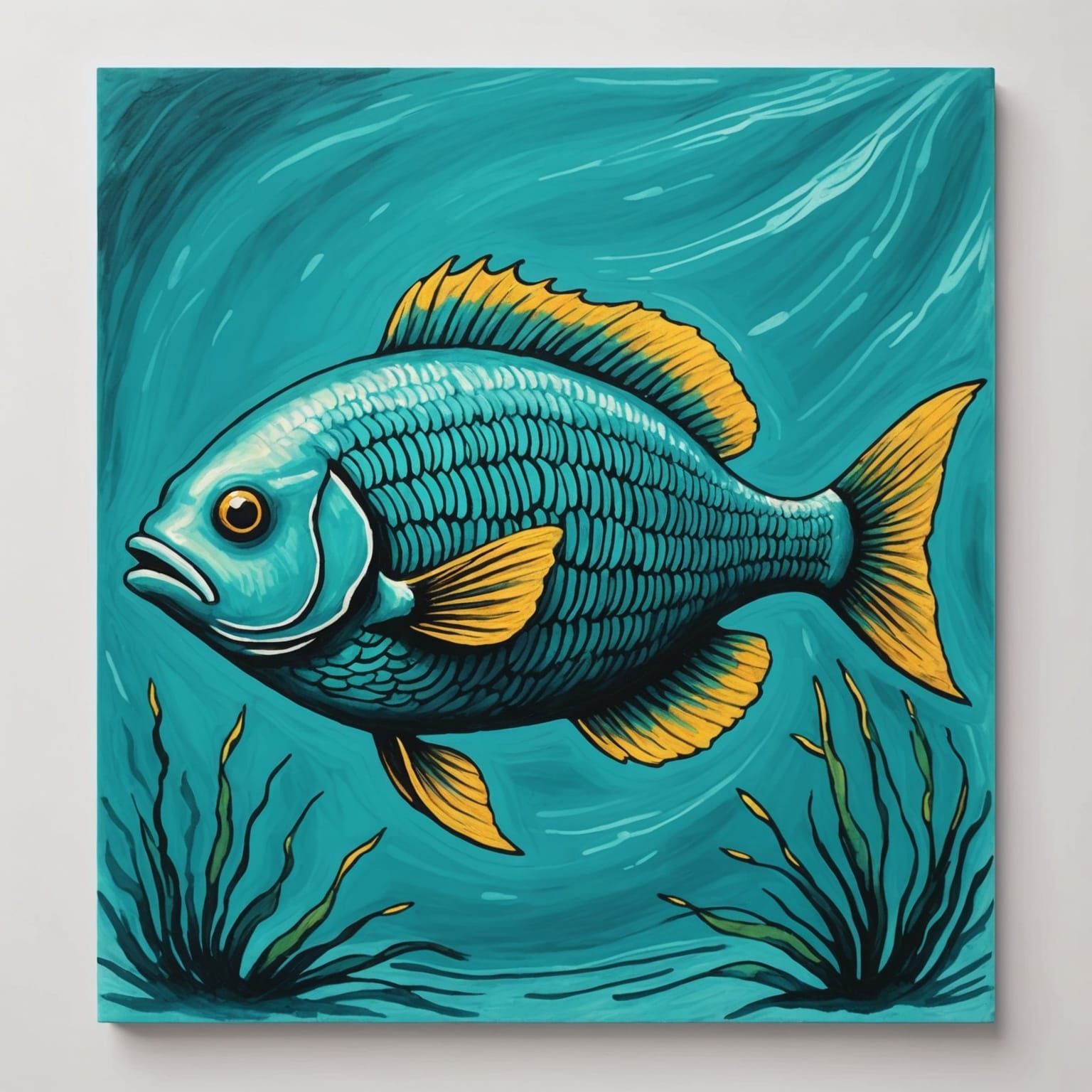 Teal Fish Swimming in Ocean: Oil Pastel Art