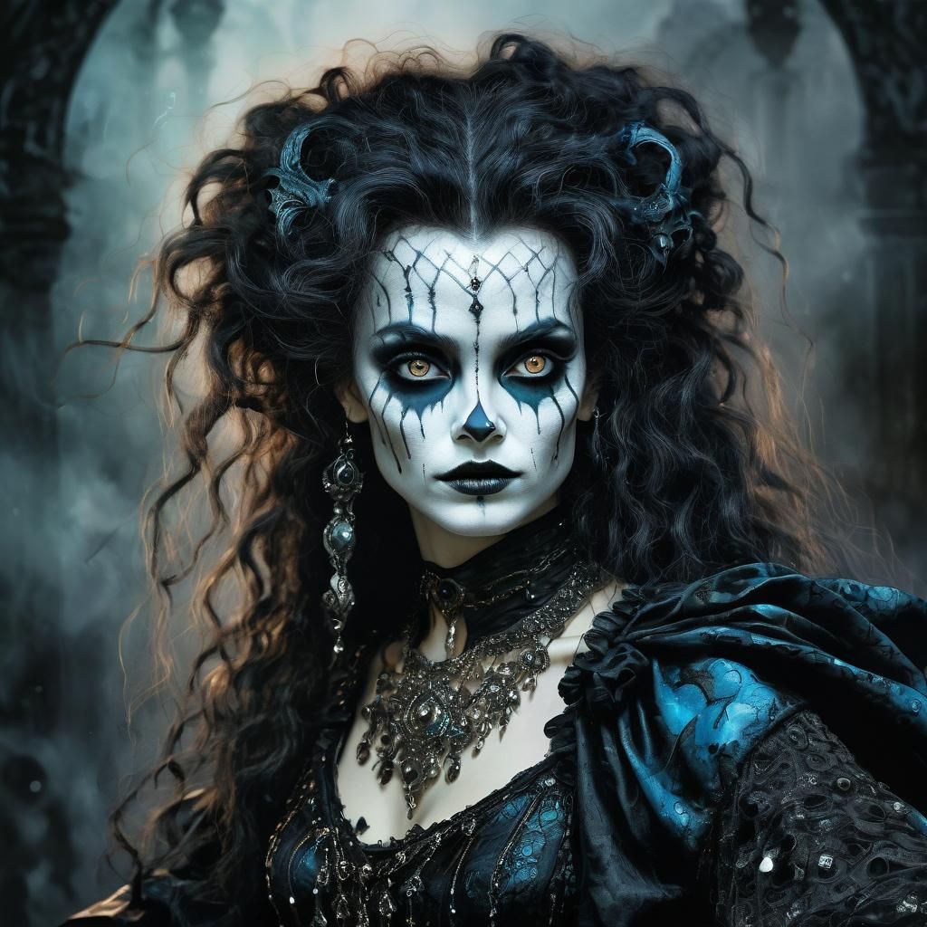 Harlequin Bellatrix Lestrange, 🐈‍⬛🧙🏻‍♀️🕷️Alcohol Ink, Hyperdetailed, Luis Royo, Margaret Keane, Catrin Welz Steiner