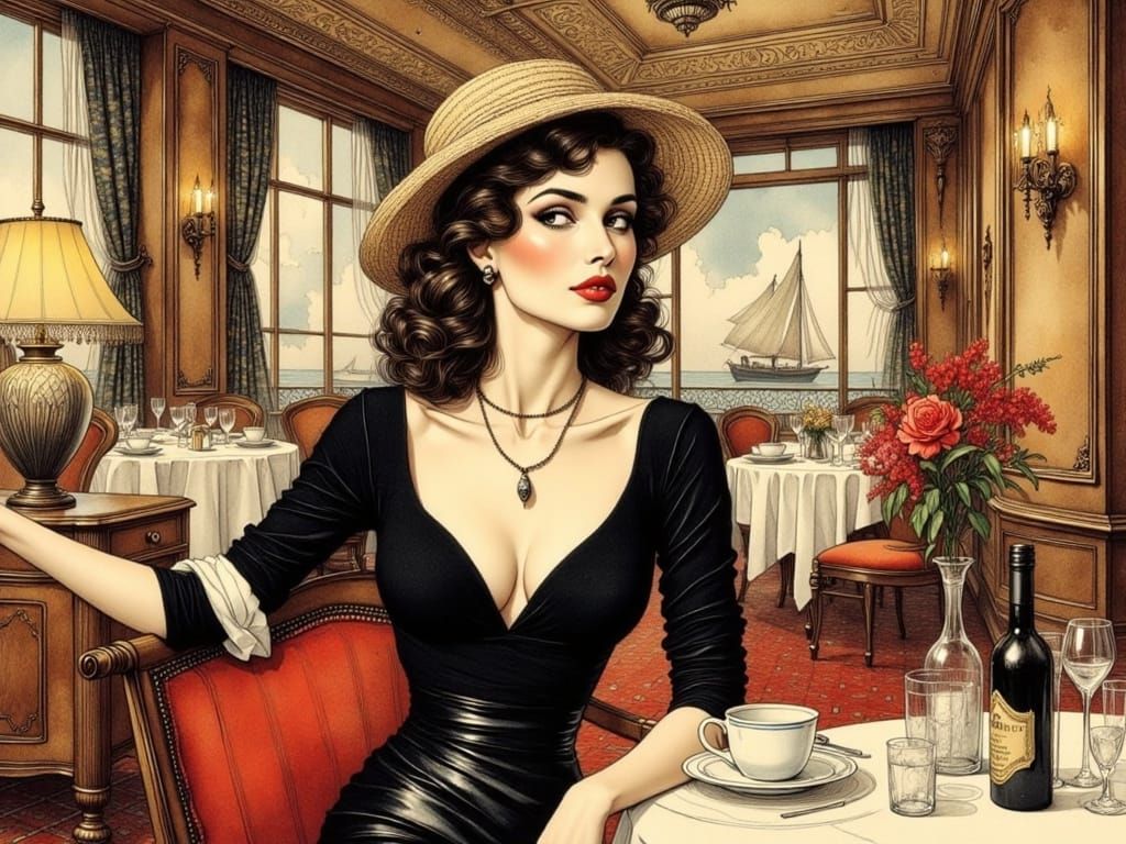 Barbara Stanwyck on Cruise Ship in Art Nouveau Style