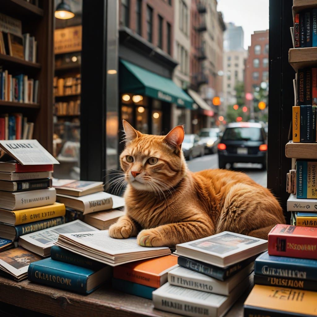 Ginger Cat Napping in Bustling NYC Bookstore Window