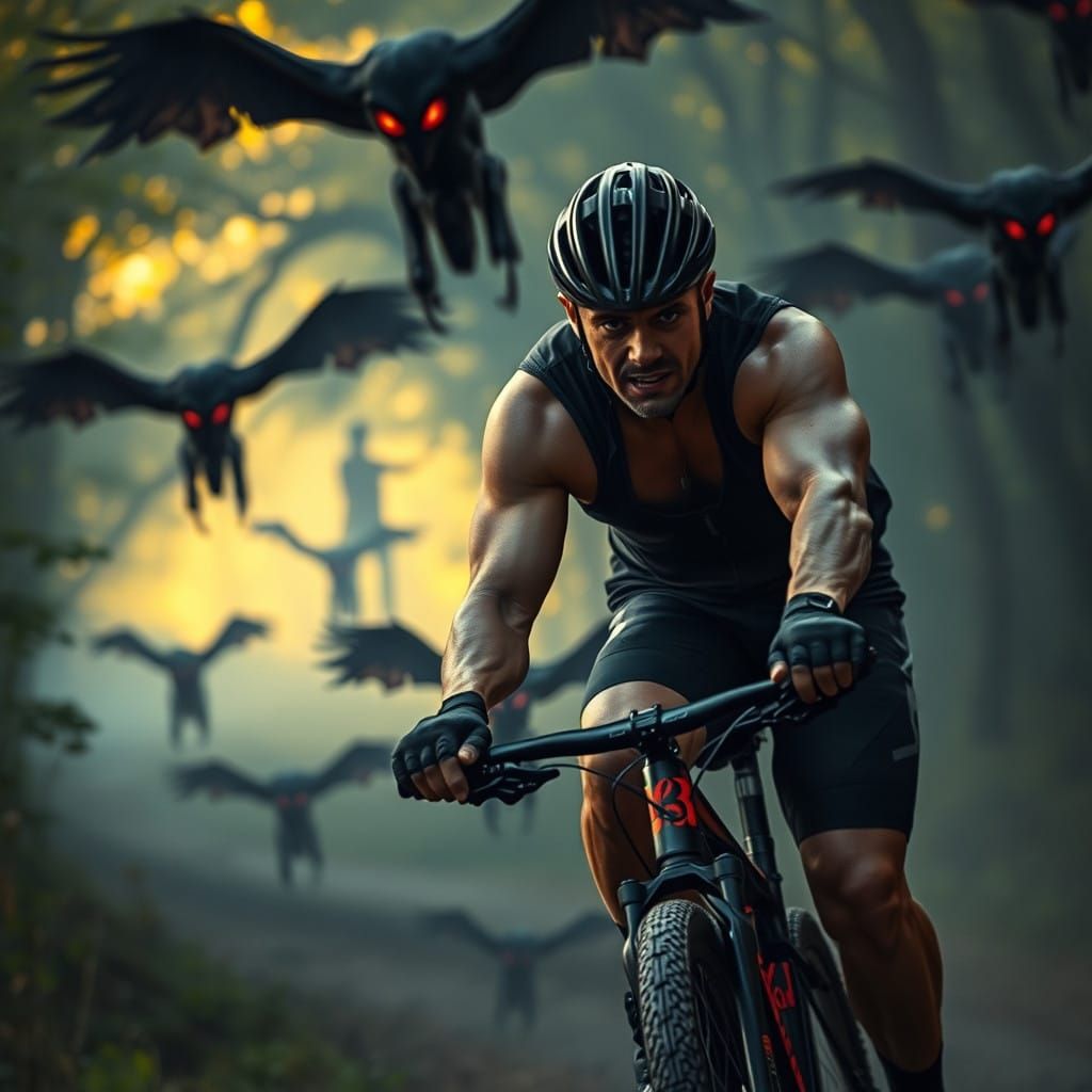 Man vs. Dark Winged Beasts in a Misty Forest