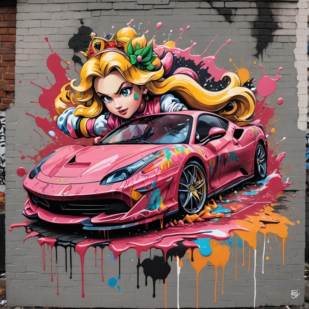 Princess Peach Ferrari in Graffiti Street Art
