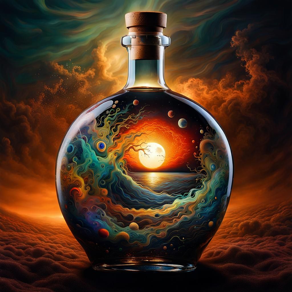 Surreal Bottle Still Life in Dark Botanical Style