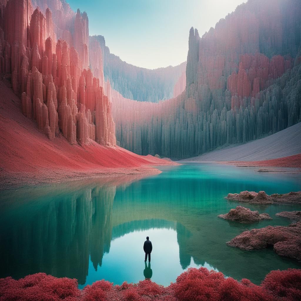 Ethereal Landscape with Shimmering Lake and Crystalline Form...