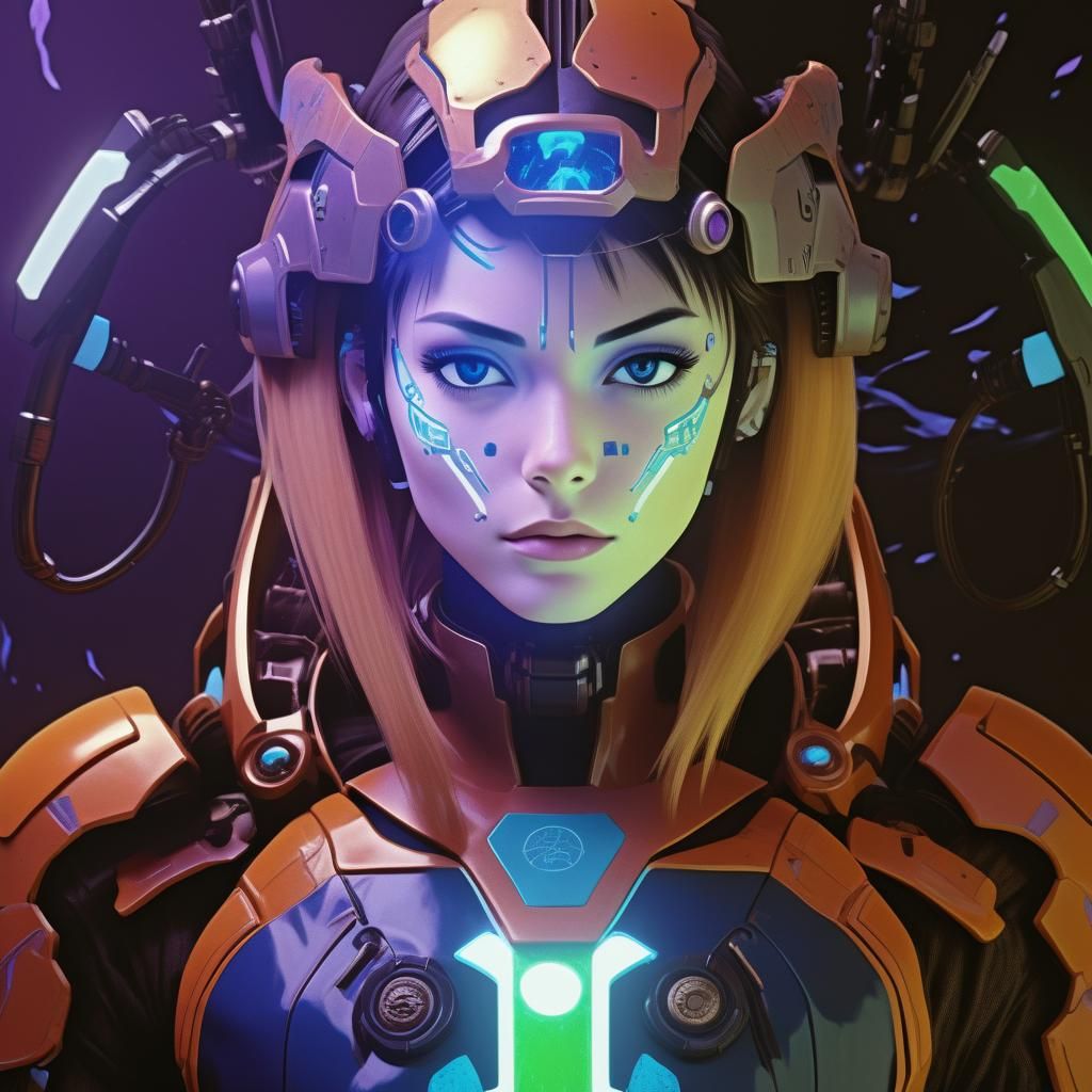 Cybernetic Goddess in Exosuit with Electric Katana