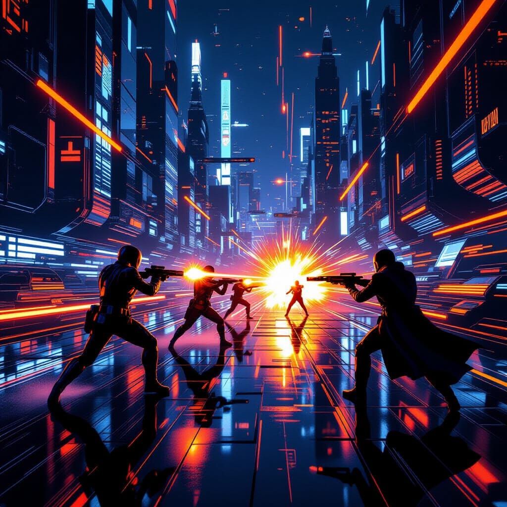 Retro-Futuristic Chrome Battle with Neon Orange Lasers