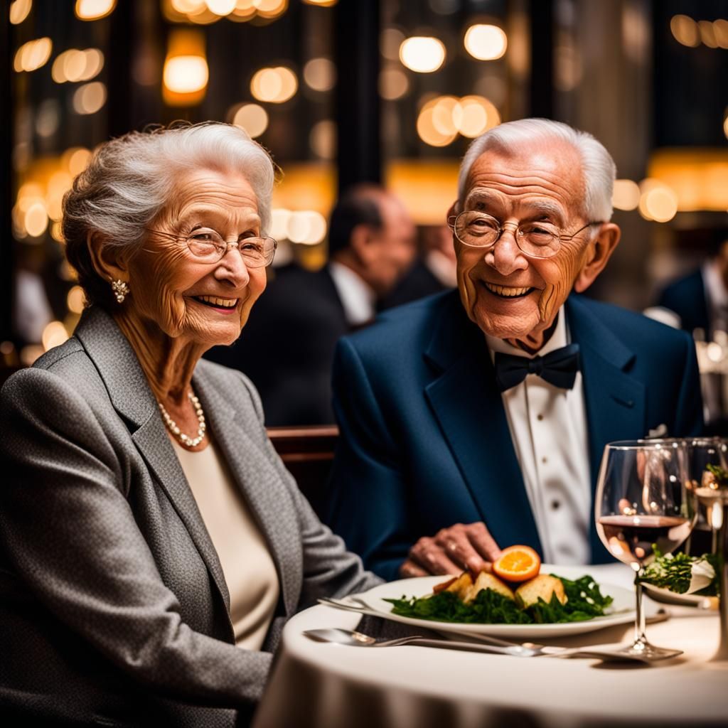 Happy Elderly Couple's Elegant Anniversary Dinner