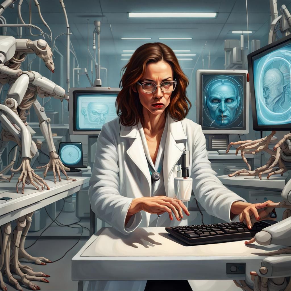 Angry Scientist in Lab, Renaissance Oil Painting