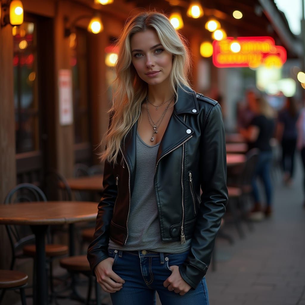 Hyperrealistic Photo of a Confident Blond Biker Woman