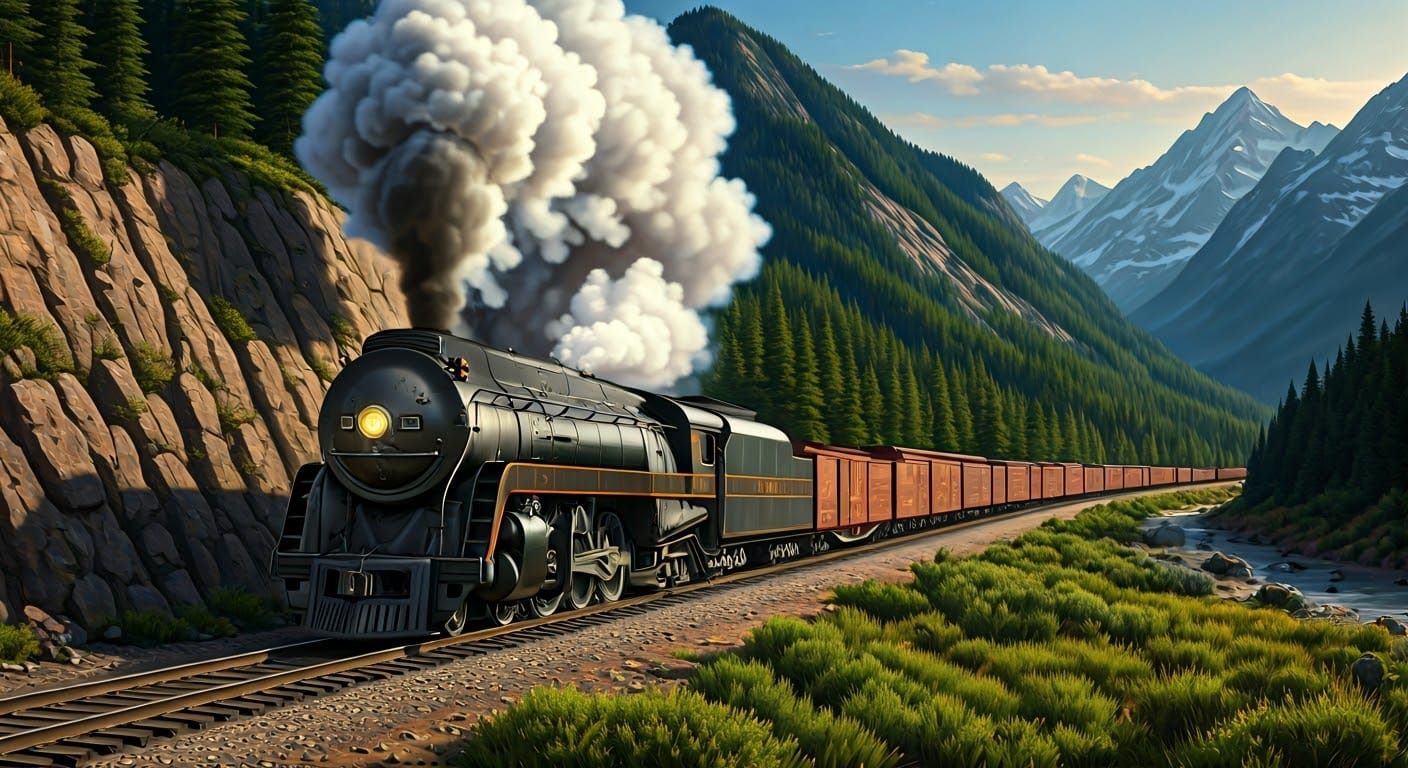 Majestic Steam Train Through Mountain Pass