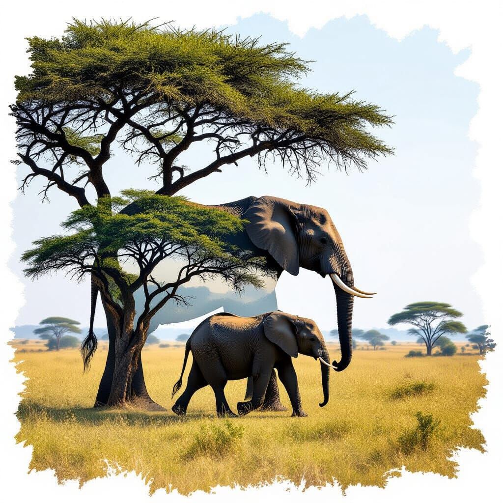 Elephant Silhouette Filled with Lush Forest Wildlife Art
