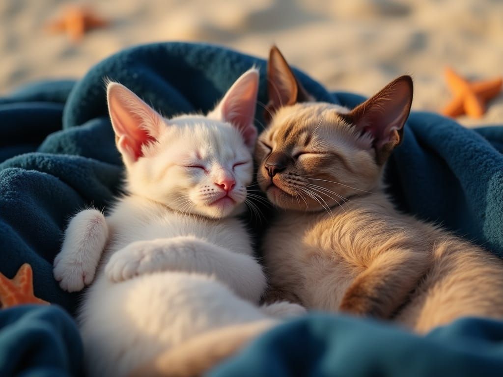 Sleeping Feline Lovers on Sandy Beach