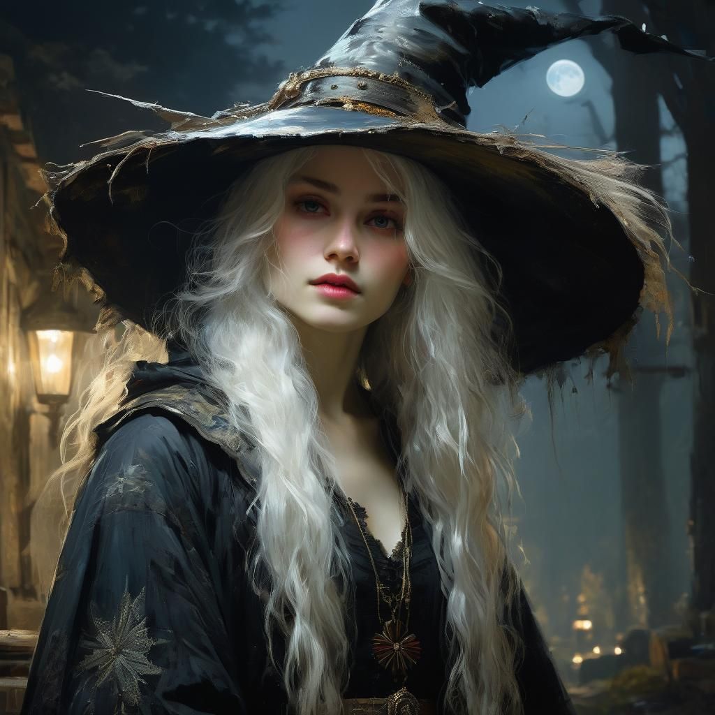 Beautiful White-Haired Witch Portrait in Moonlight