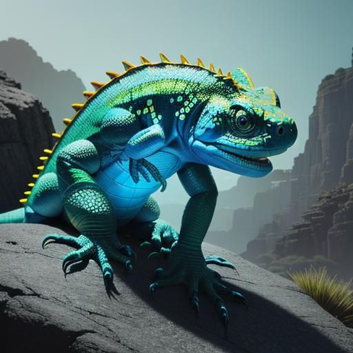 Neon Lizard Coiled on Rock in 3D Style