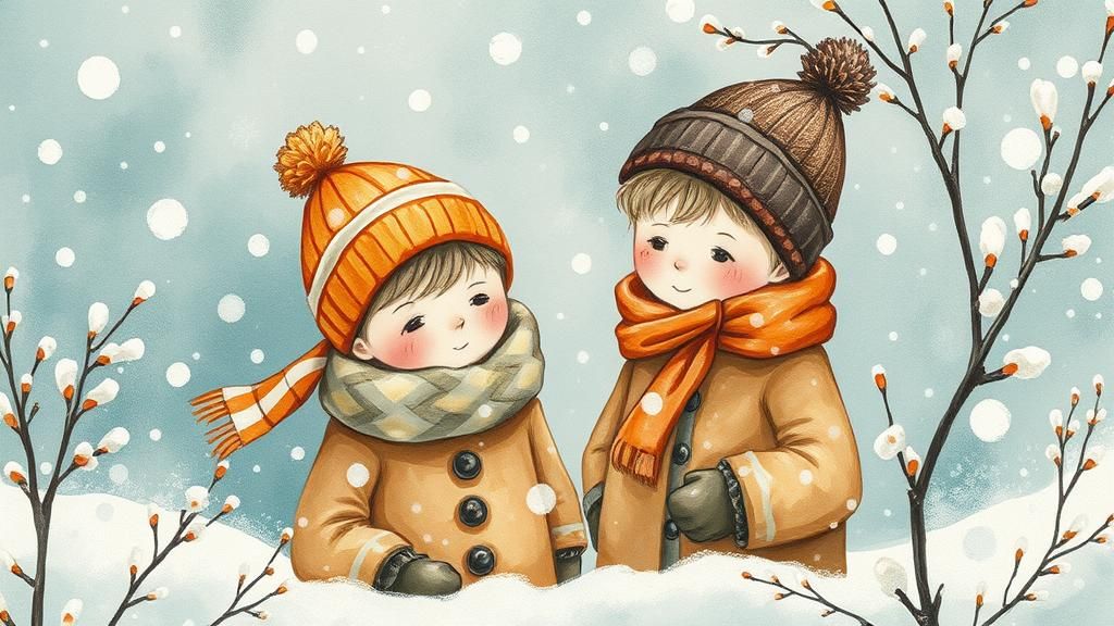 Nostalgic Winter Scene with Boys in Vintage Style