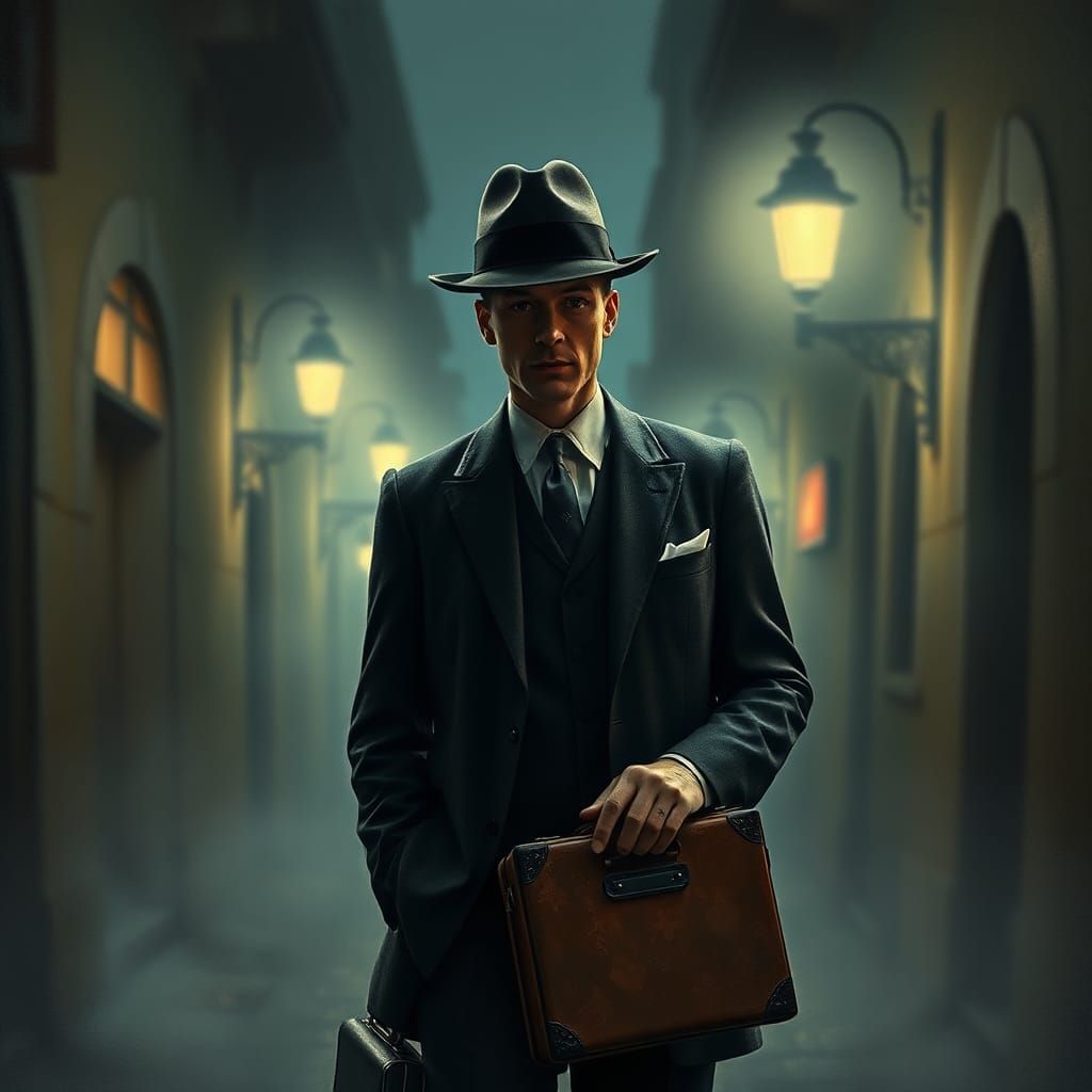 Surreal Film Noir Gentleman in Foggy Alley