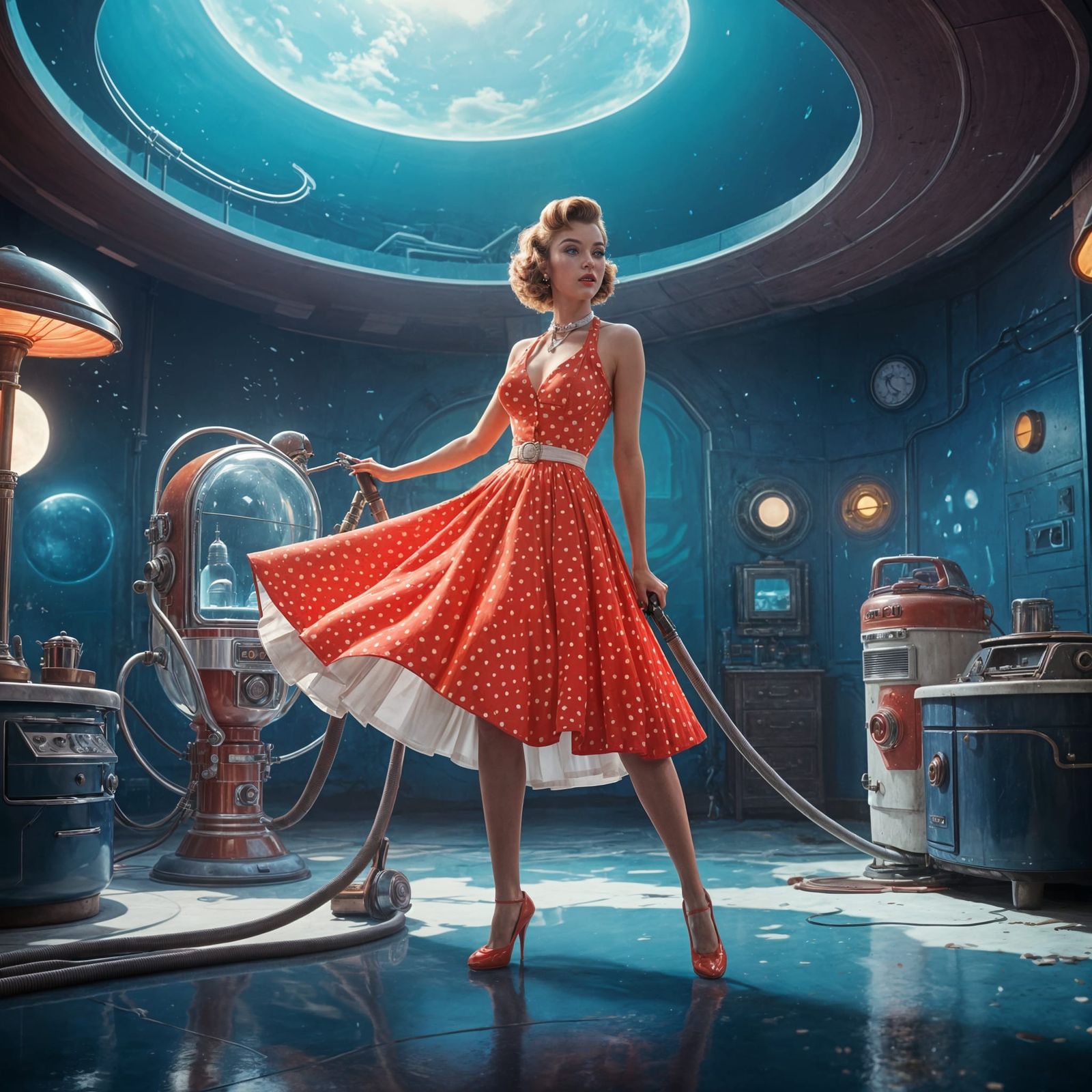 Pin-Up Model in Retro Domestic Scene, with Futuristic Twist