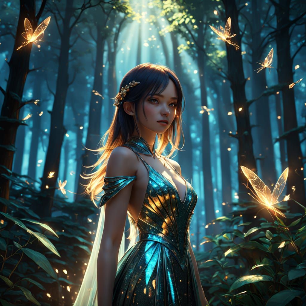 Woman in Bioluminescent Forest, 3D Anime Art
