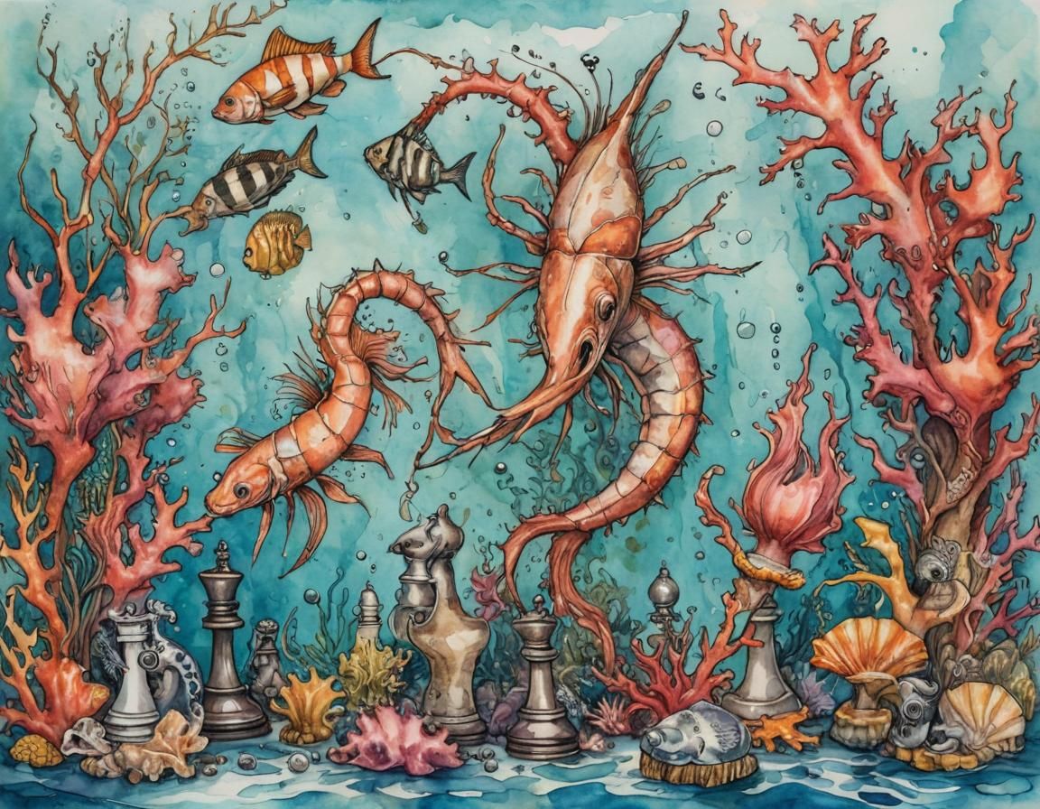 Underwater Chess Game with Prawns, Storybook Illustration