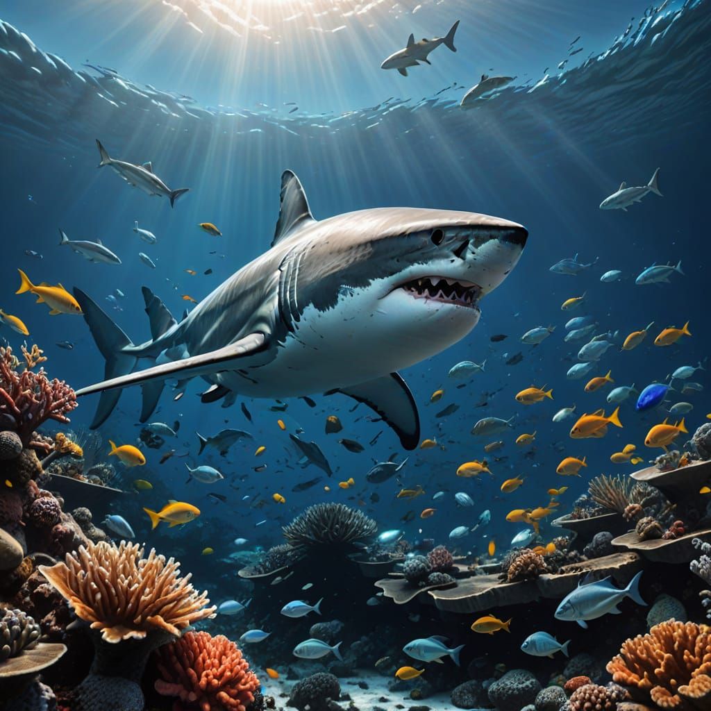 Great White Shark Glides Through Sunlit Underwater Wreck