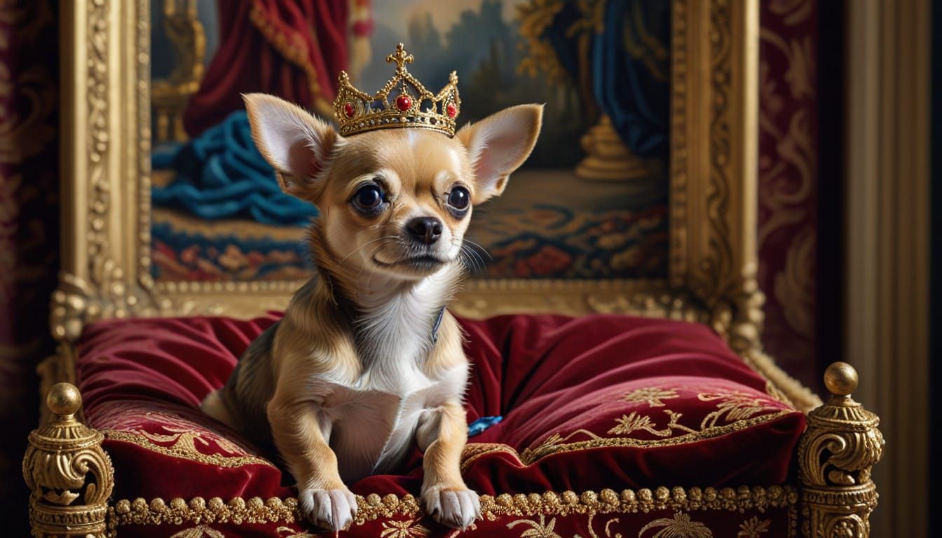 Crowned Chihuahua Puppy in Royal Palace: Airbrush Art