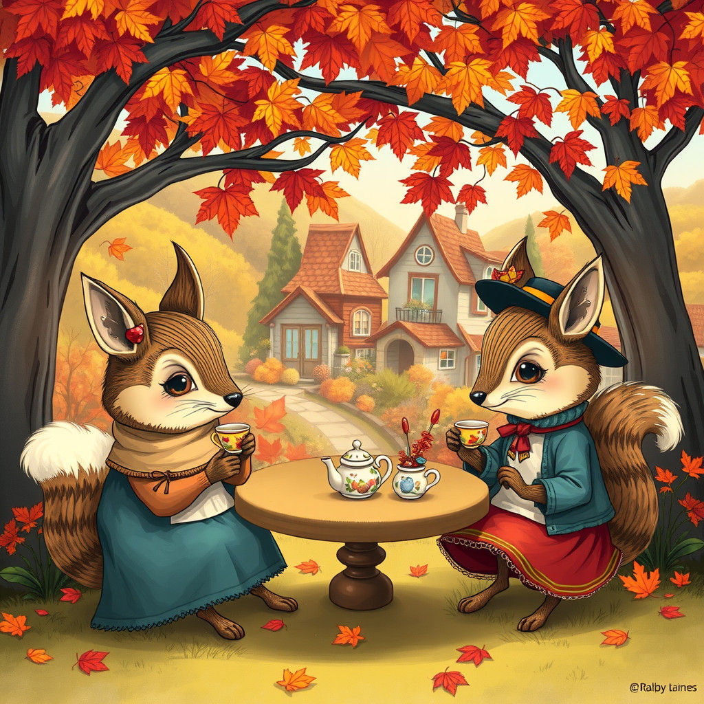 Anthropomorphic Animals' Autumn Tea Party, Doodle Art