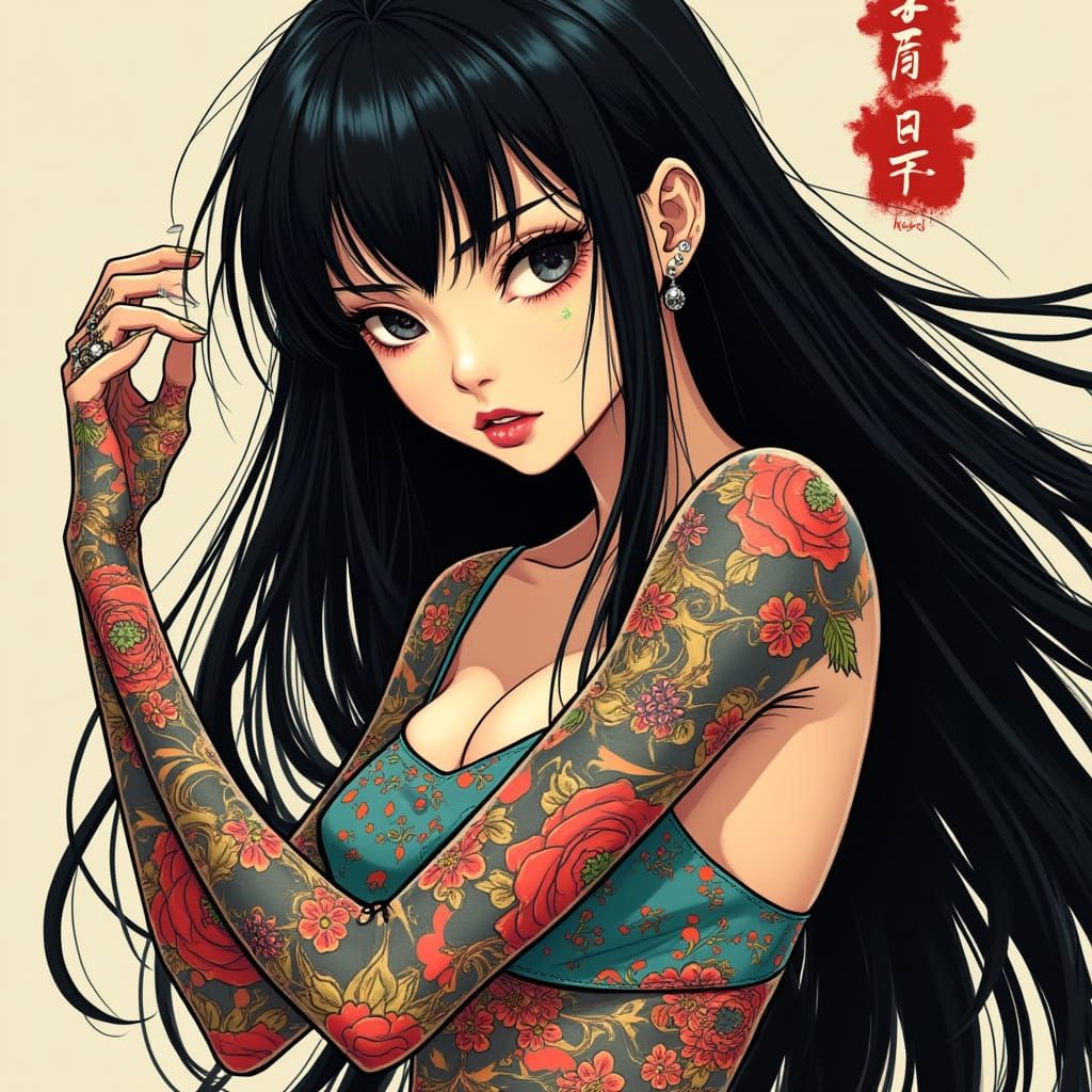 Anime-Inspired Beauty with Bold Tattoos and Piercings