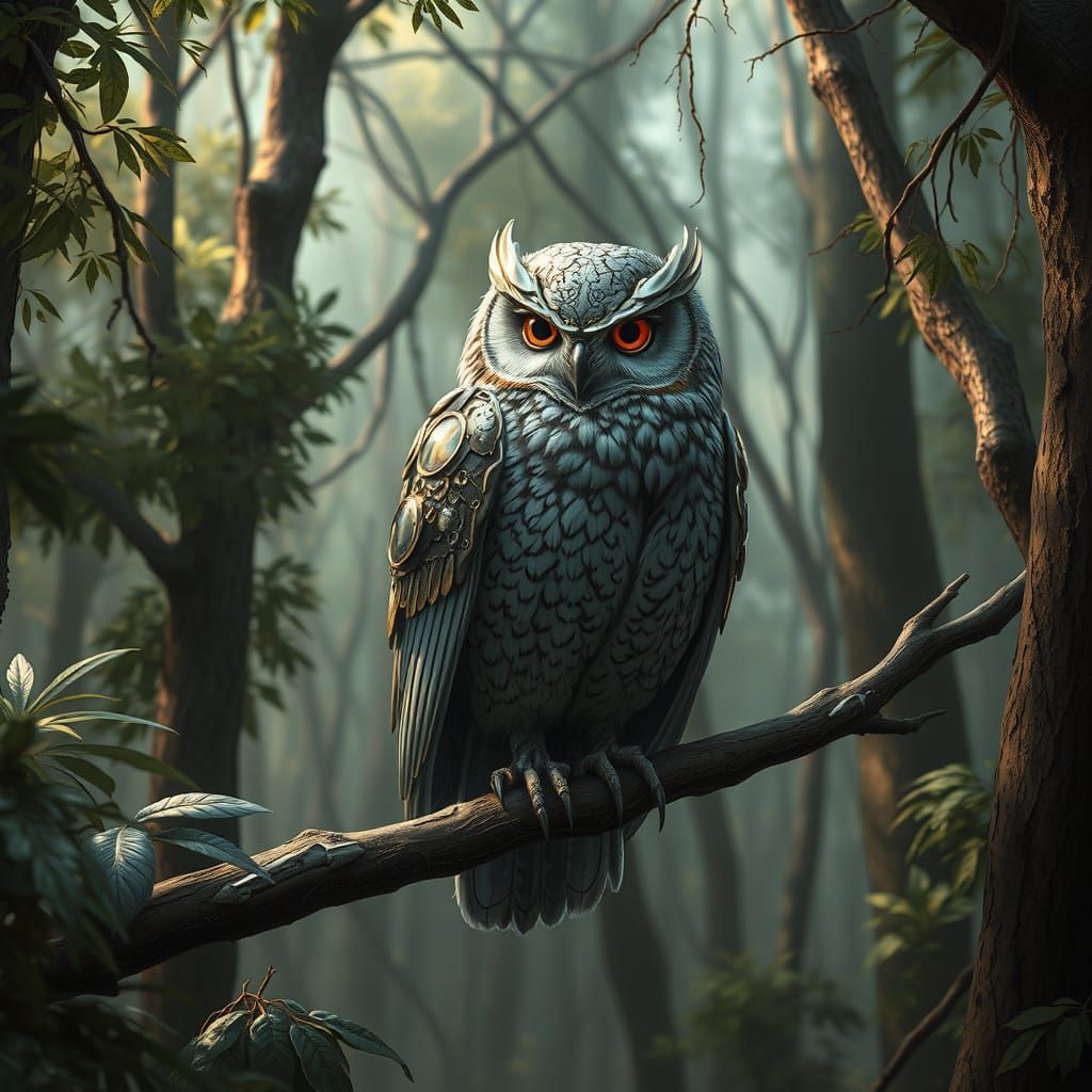 Cyberpunk Owl Silhouetted Against Futuristic Forest