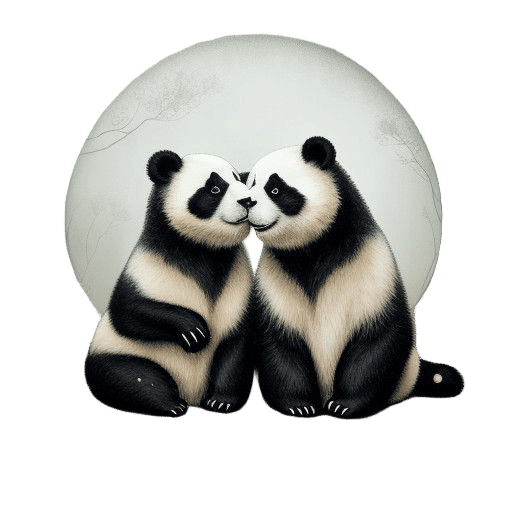 Magical Pandas Kiss Under Misty Moonlit Sky in Whimsical Art