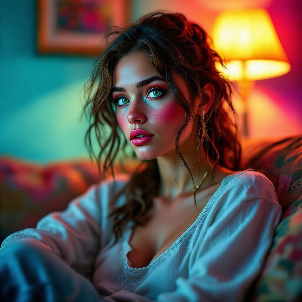 Hyperrealistic Woman on Sofa with Vibrant Colors