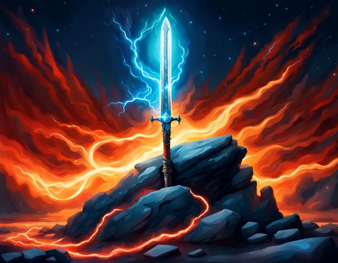 Glowing Celestial Sword in Fire and Moonlight