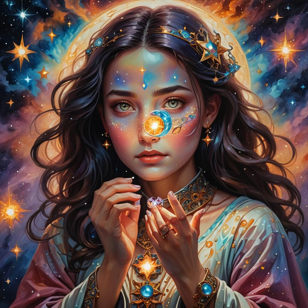 Eva Holding Talisman Surrounded by Stars, Surreal Oil Painti...